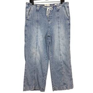 OAT New York Wide Leg Cropped Jeans, Cloud Luxe Denim, Drawstring, Size 12